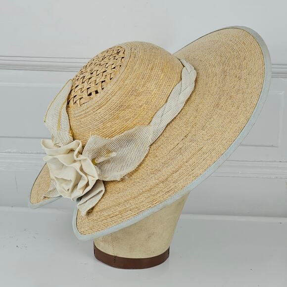 VTG fine woven ladies straw hat vented crown fabric floral trim - Picture 2 of 10